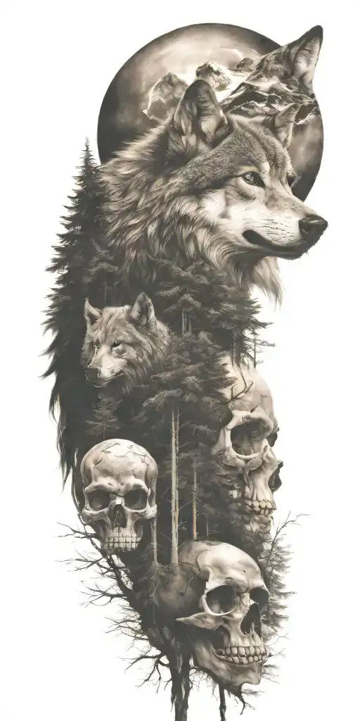 wolf and forest and mountains and skull tattoo design idea