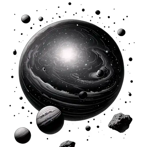 w want a galaxy with few smal planets and asteroids and space rocks, make black space in style of smal lines tattoo design idea
