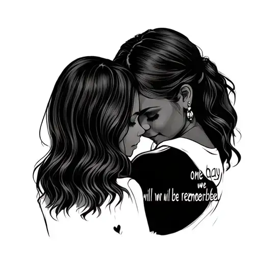 a mom and daughter embracing from behind with words that say "one day we will be remembered" tattoo design idea