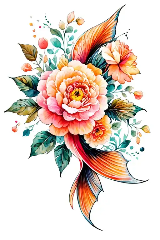 a pike fish made of flowers such as cherry blossom, ranunculus, peonies, roses. pink, orange, baige, green , peach, tattoo design idea
