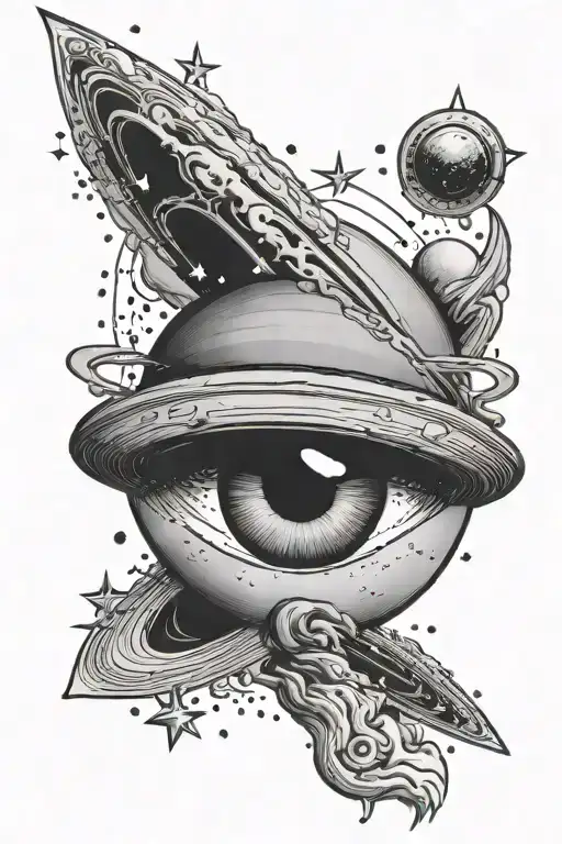 Giant Saturn with a woman's eye with eyelashes and stars around it tattoo design idea