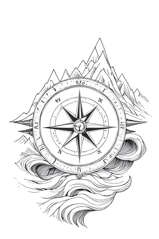 large compass surrounded by intricate geometric mountains and waves, black and white tattoo design idea