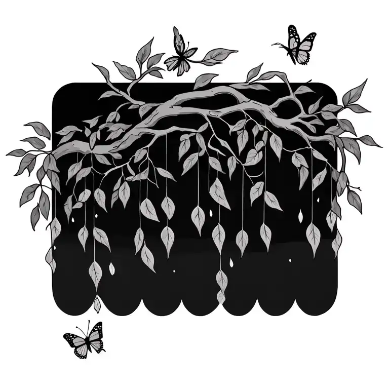 weeping willow tree branch horizontal with leaves hanging down and three butterflies accenting small feminine  tattoo design idea