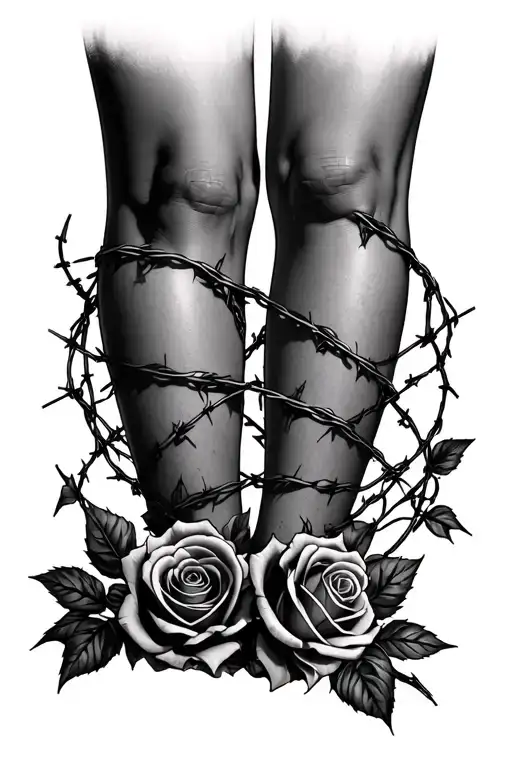 barb wire around legs with roses intertwined tattoo design idea