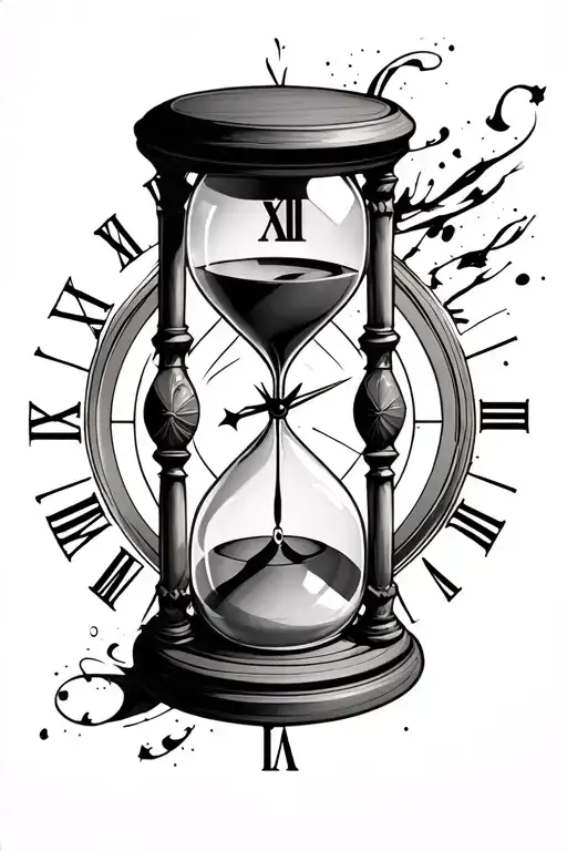 A centrally placed hourglass. Behind the hourglass, a clock face with three hands pointing 3, 14, 18. tattoo design idea