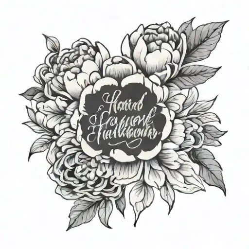 minimal script words "hard fought hallelujah" with peony tattoo design idea