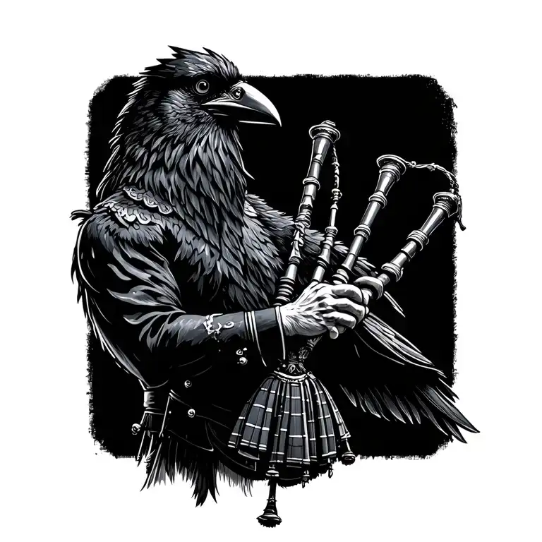  crow muscular with mans face bagpiper playing black bagpipes baldblack beard tattoo design idea