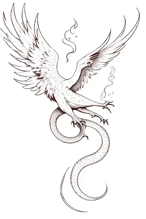 Phoenix  smoking and snaking acorss upper thigh tattoo with a longer firey tail in black and white tattoo design idea