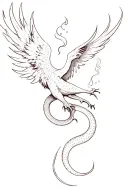 Phoenix  smoking and snaking acorss upper thigh tattoo with a longer firey tail in black and white tattoo design idea