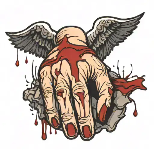 Fallen Angel half human hand holding with blood dripping tattoo design idea