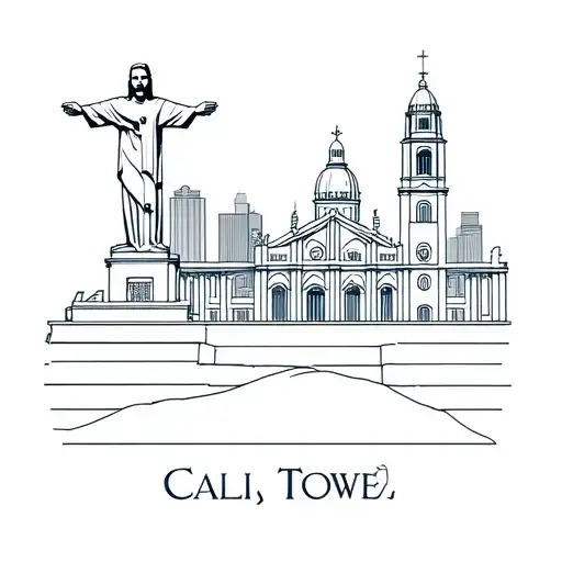 fine line tattoo design of the skyline of Cali, Colombia, featuring Cristo Rey statue, San Antonio church, and Cali Towe tattoo design idea