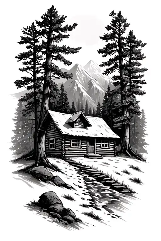 cabin in woods in mountains tattoo design idea