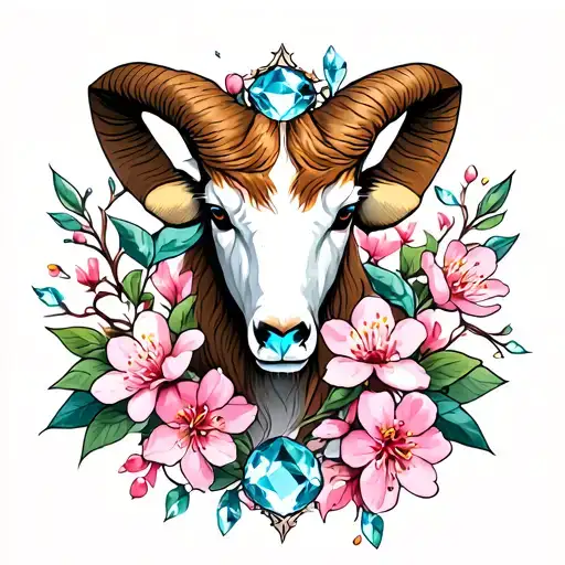 Aries zodiac with cherry blossom flowers and aquamarine  tattoo design idea