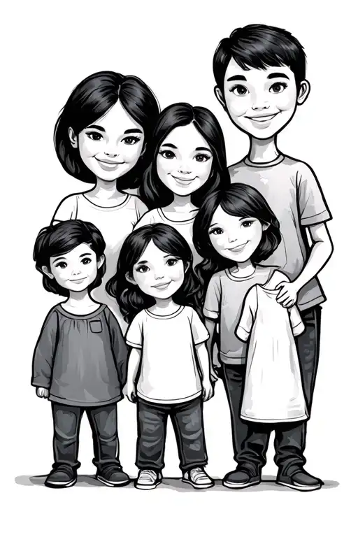 Draw a sketch of the family. Mom, dad, eldest son, middle daughter and youngest daughter. In the strength of cartoons. tattoo design idea