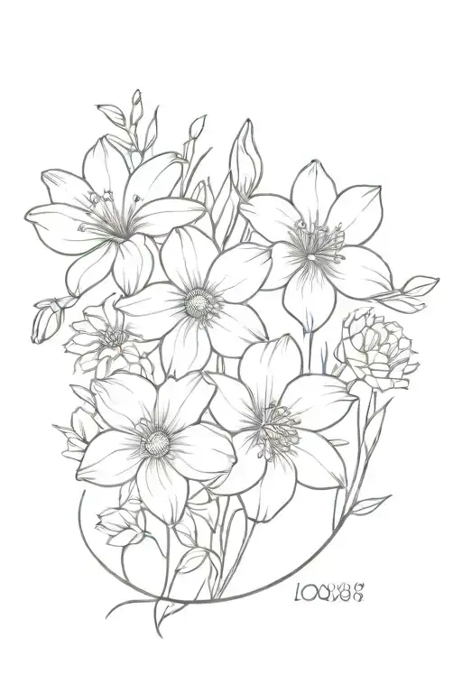 The Lou’s Name + date of birth august 24, 2024 + cosmos + marigold + narcissus + poppy + holly + gladiolus + breastfeedi tattoo design idea
