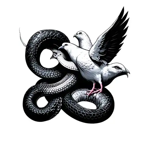 two agressive snakes surrounding an innocent dove tattoo design idea