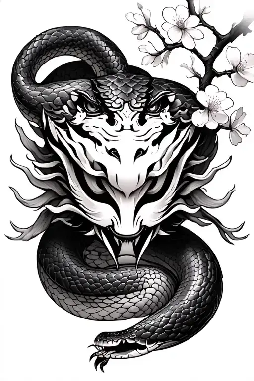 snake with oni mask and cherry blossom tree branch tattoo design idea