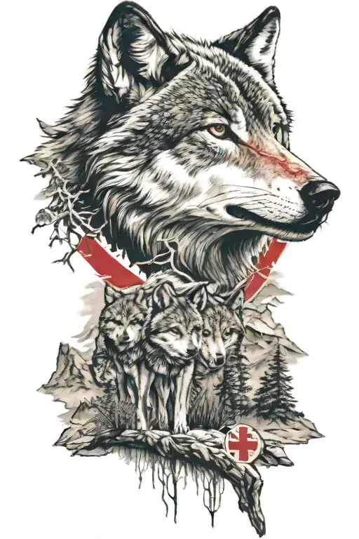 wolf pack in the mountains with a large red cross that looks painted (leg sleeve) tattoo design idea
