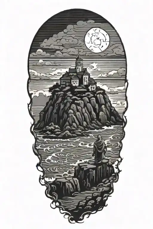 A hooded cultist walking along a cliff on a stormy night, with ocean in background, isolated island with a monastery tattoo design idea