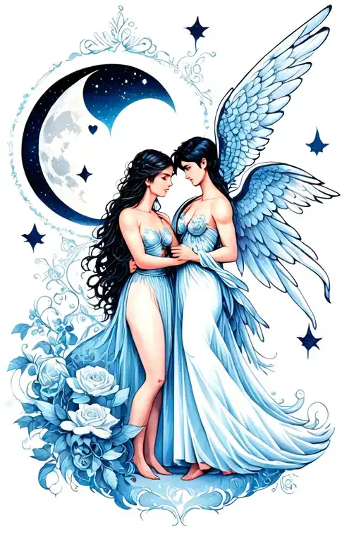 male angel and female faerie in love by the moon phases tattoo design idea