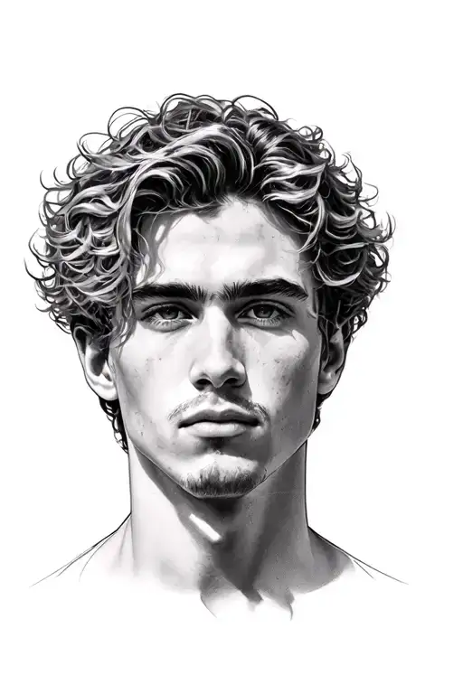 Create a hyper-realistic, classical portrait of a young man with soft, curly hair and a solemn expression.  tattoo design idea
