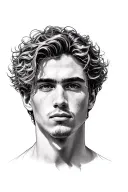 Create a hyper-realistic, classical portrait of a young man with soft, curly hair and a solemn expression.  tattoo design idea