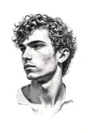 Create a hyper-realistic, classical portrait of a young man with soft, curly hair and a solemn expression.  tattoo design idea