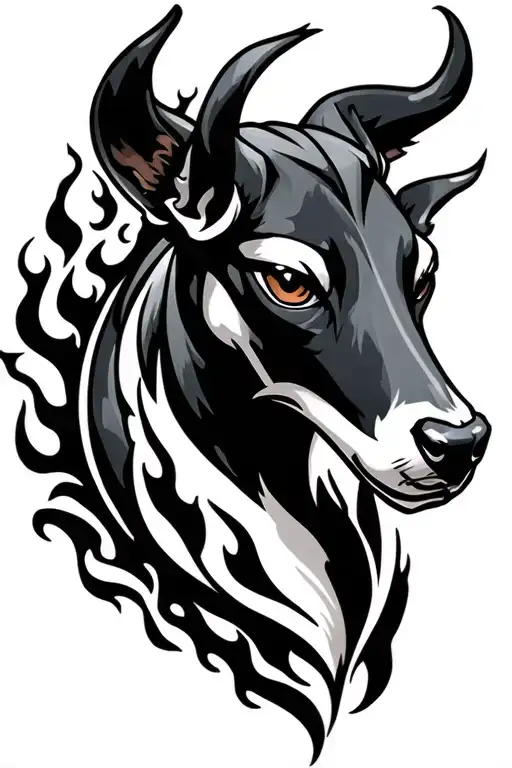 Houndoom tattoo, mostly in a rounded shape, it could be a bust portrait or a full body, ad flames  tattoo design idea