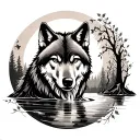 wolf in river ivy trees full moon in background tattoo design idea
