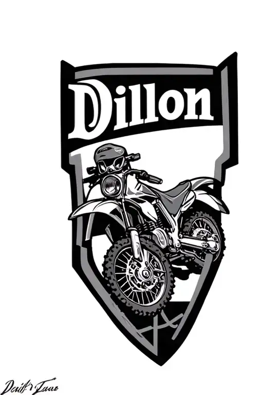 Left inner forearm shield with Dillon inside  which is are last name with dirtbike accesories in the tattoo and cool des tattoo design idea