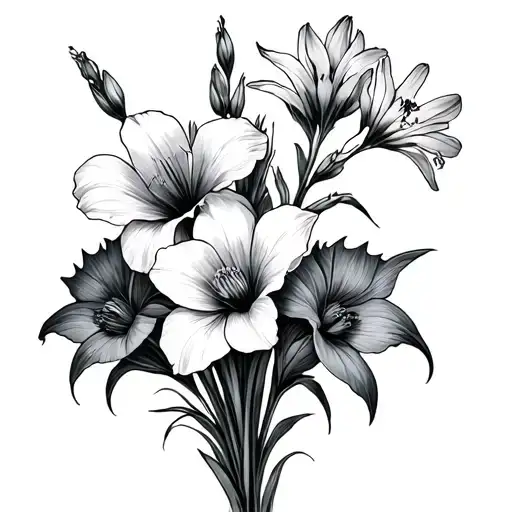 one gladiolus flower, two larkspur flowers, one cosmos flower bouquet tattoo design idea