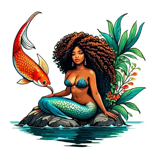generate tattoo African mermaid with curly afro drawing with koi fish color tail  sitting on rock tattoo design idea