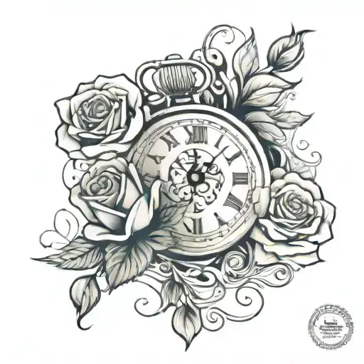 roses and clock tattoo design idea