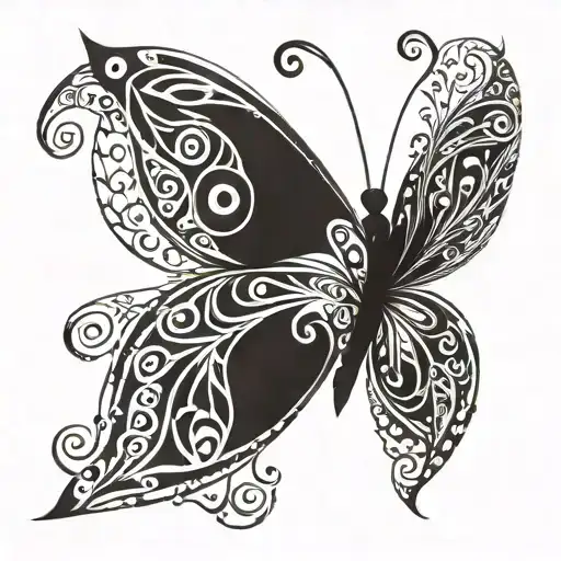 Incorporate musical notes into a tribal butterfly design tattoo design idea