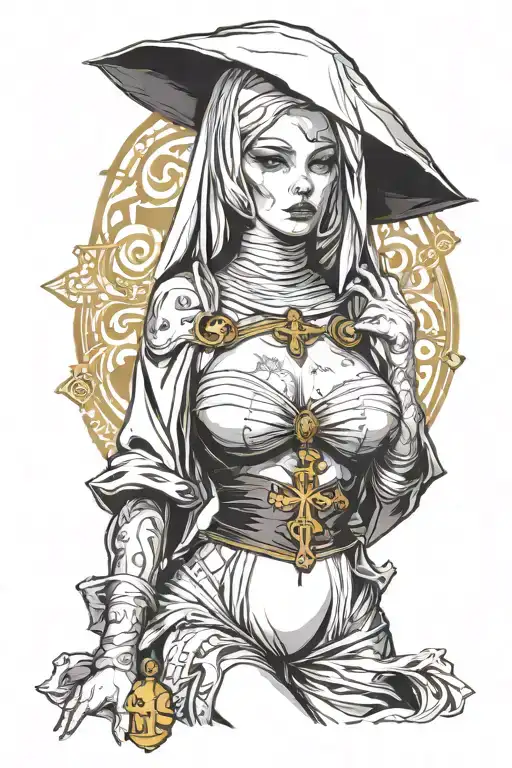 Sexy Nun, huge boobs,, revealing attire, seductive facial expressions, gold cross, Lingerie, sexual tattoo design idea