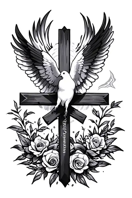 serenity prayer with a dove flying and 3 crosses tattoo design idea