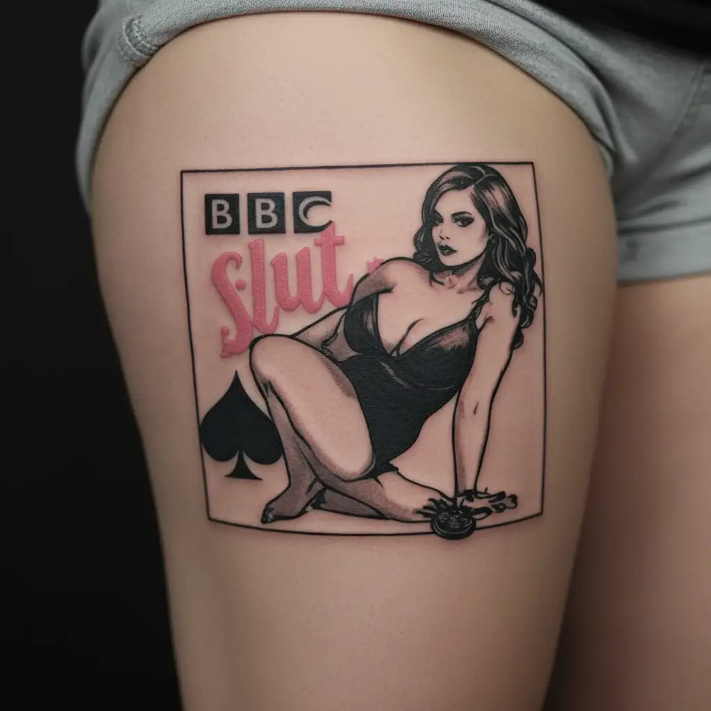 "BBC slut" spade and a busty woman posing tattoo design idea