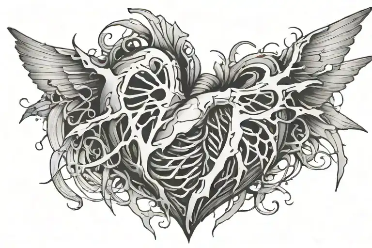shattered rib cage with heart in it tattoo design idea