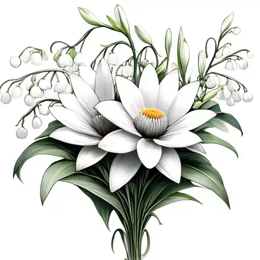 lily of the valley flower bouquet with Daisy flower and water Lily flower tattoo design idea