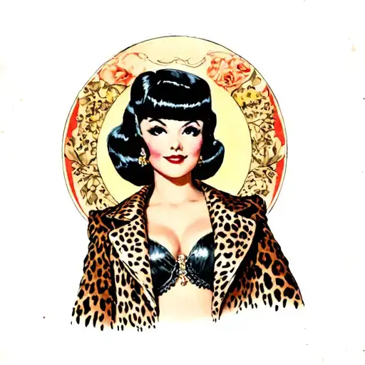 pinup girl with black bob wearing a cheetah print coat tattoo design idea
