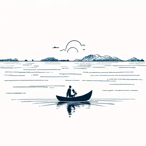 man on a boat floating towards the horizon on a curved river tattoo design idea