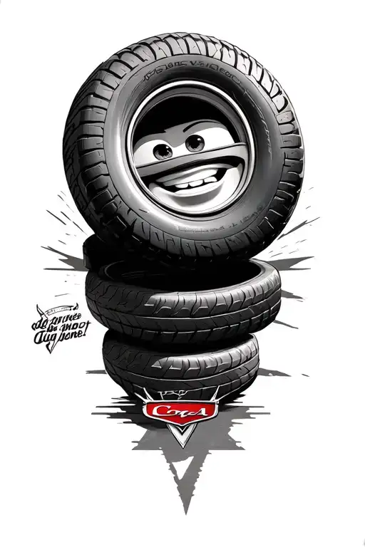 Mater from Cars movie, with some stacked tires and road marks. tattoo design idea