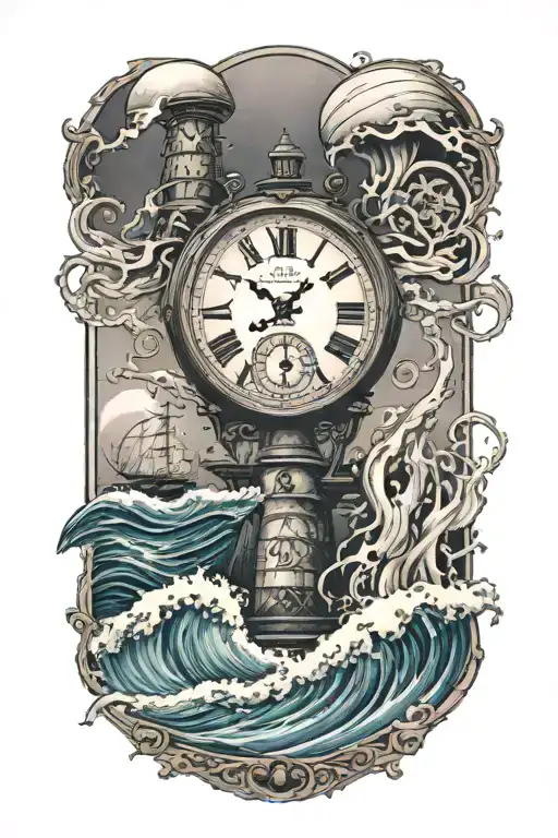 lighthouse waves crashing clock and jelly fish tattoo design idea