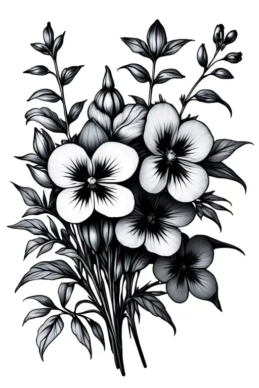 delphinium flower and african viola flower bouquet tattoo design idea