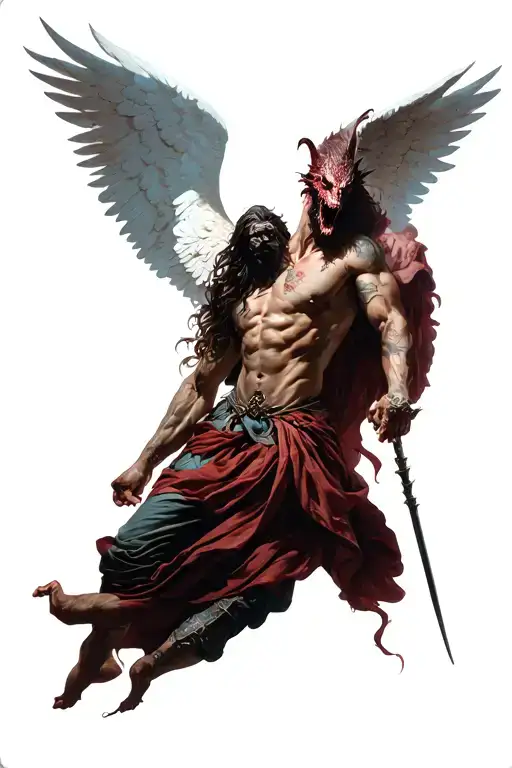 Meaningful warrior angel falling half demon tattoo design idea