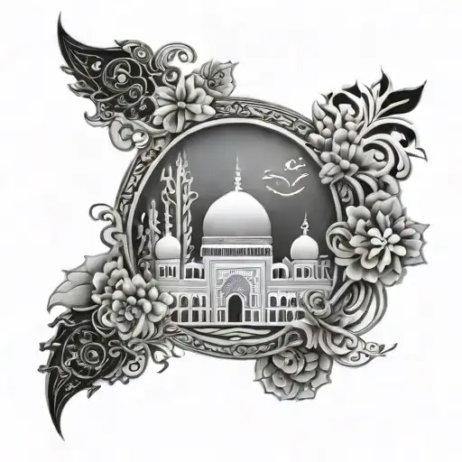 Blend elements of Iranian architecture and nature to form a seamless design incorporating the name 'IMAN' in a creative way tattoo design idea