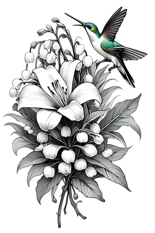 lily of the valley flower and cosmo flower with hummingbird and half Mandela  tattoo design idea