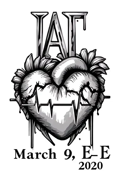 letter A and E, date March 9, 2020, heart, heartbeat tattoo design idea