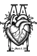 letter A and E, date March 9, 2020, heart, heartbeat tattoo design idea