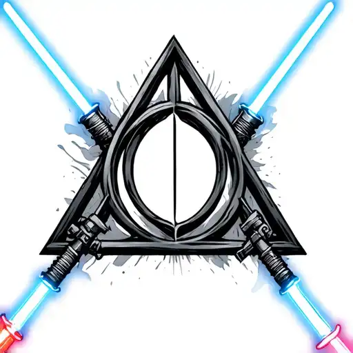 the deathly hallows symbol, but the triangle is made up of lightsabers from star wars  tattoo design idea